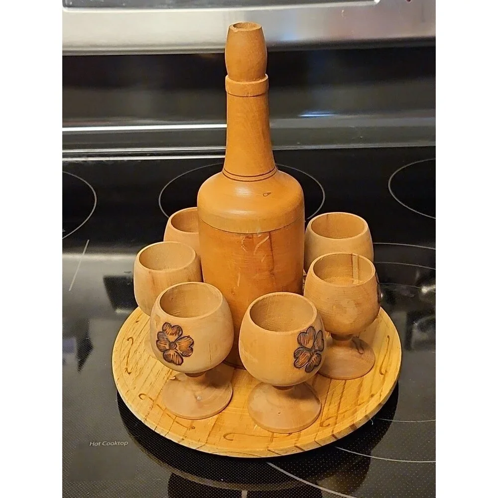 Vintage Burnt Wooden Pyrography Folk Art Decanter w\ Small Platter and 6 Goblets